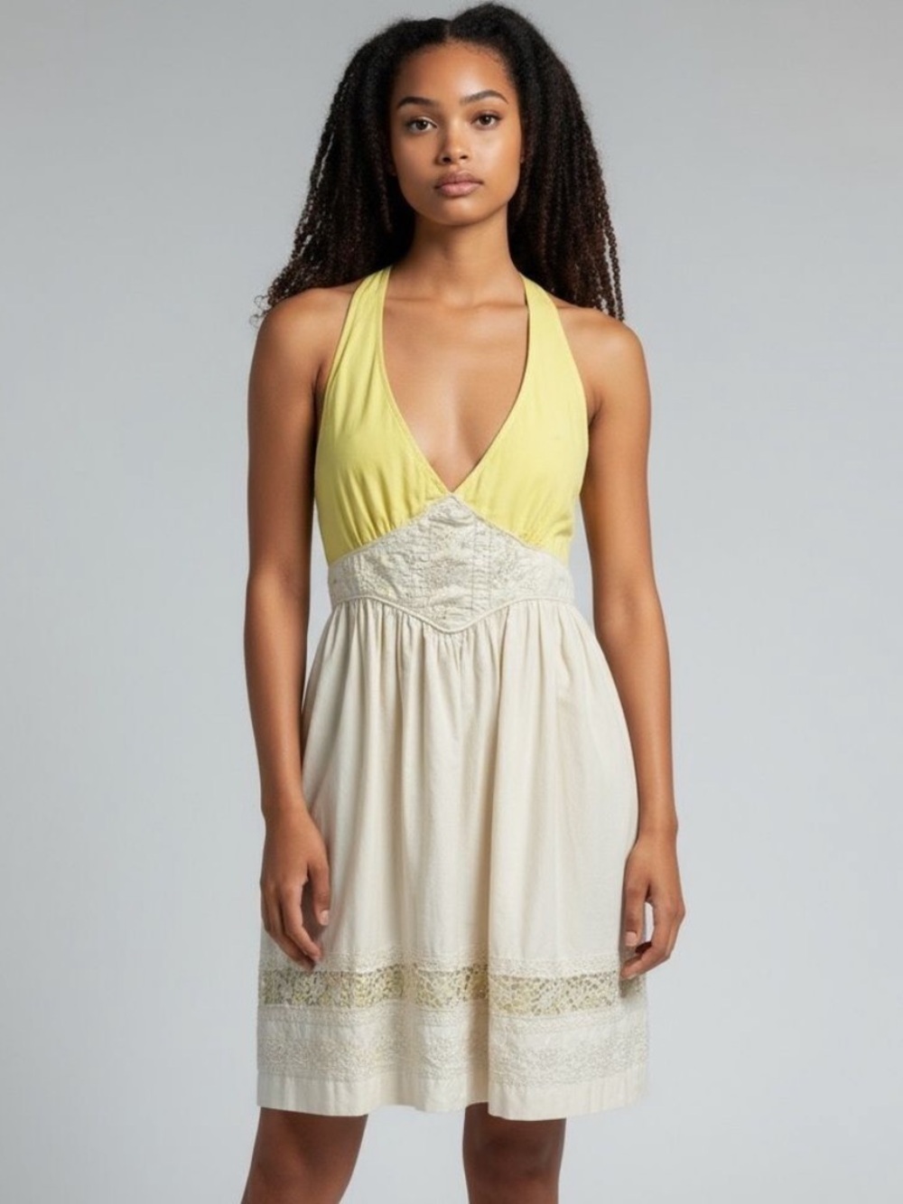 Kimchi Blue Y2K Yellow and Cream Cotton Halter Baby Doll Embroidered Dress,‎ L